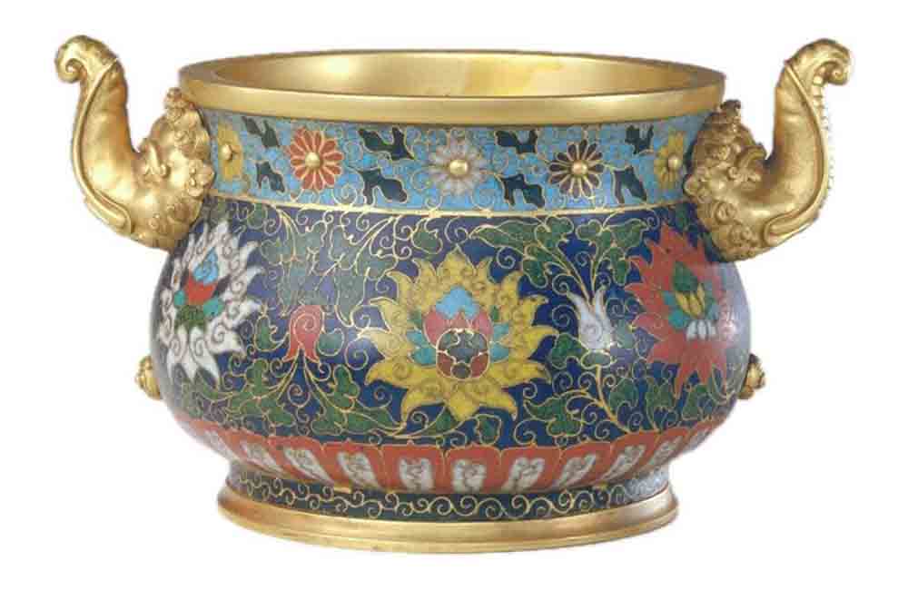 Cloisonne Enamel Lotus Censer with Elephant-trunk Handles Cloisonne Enamel Lotus Censer with Elephant-trunk Handles