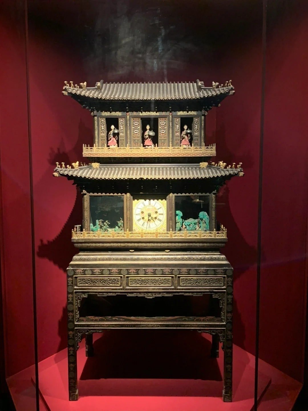 Wood Clock with Immortals Extending Wishes for Longevity in Pavilion Wood Clock with Immortals Extending Wishes for Longevity in Pavilion